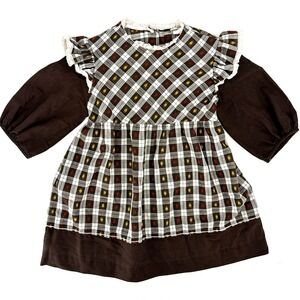 Montgomery Ward Vintage 70s Girl Plaid Hearts Long Sleeve Dress Brown Ruffles 4T